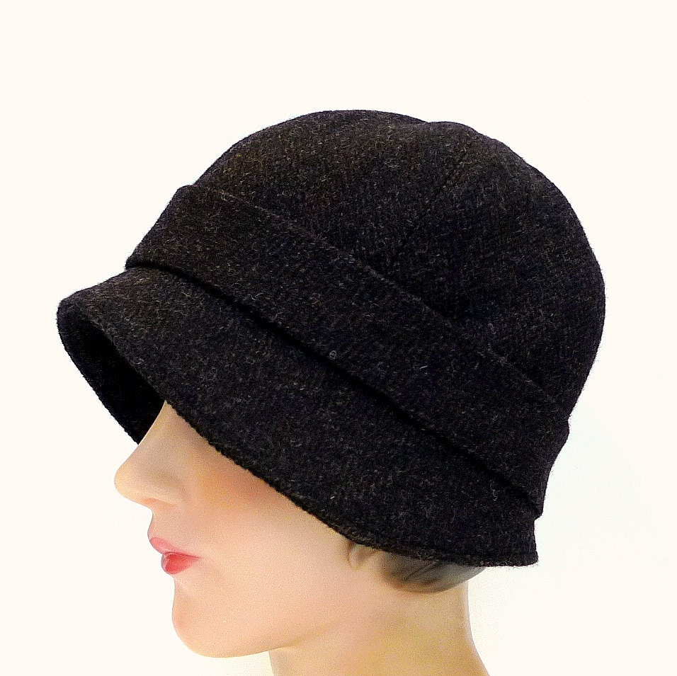 1920s Cloche Hat in Vintage Espresso Herringbone Tweed - Made to Order