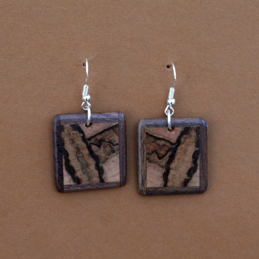 Handcarved Ambrosia Maple and Black Walnut Wood earrings  J120115