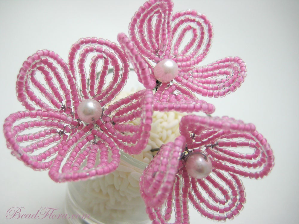 flower girl beaded hair pins, flamingo pink flower blossom - for brides, bridesmaids, flower girls-- member of the artisan group