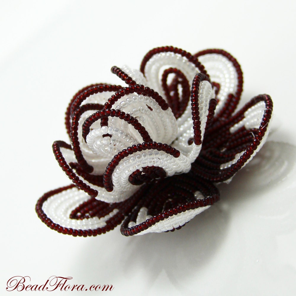 Brides beaded flower hair clip, French beaded flower Royal White Crimson  - for the bride or bridesmaid, red apple