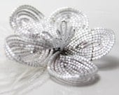 Brides beaded flower hair clip. French fantasy beaded flower feathers, bridal, weddings, bridesmaid, winter wedding