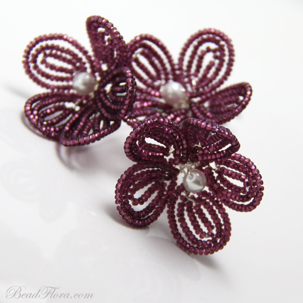 flower girl beaded flower hair pins, plum flower blossom - for brides, bridesmaids, flower girls-- member of the artisan group