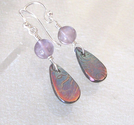 Amethyst Fine Silver Earrings, Rainbow Patina, Gemstone and Sterling Silver Hooks
