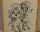 Vintage Poodle Puppies Stitch Embroidery Framed  Black Gray White