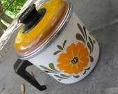 Vintage 1970 Enamel Saucepan with Lid Floral Orange Gold  Harvest Gold