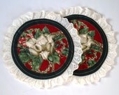 Quilted Floral Hot Pad - Set of 2 - Ivory Eyelet Trimmed Round Trivet
