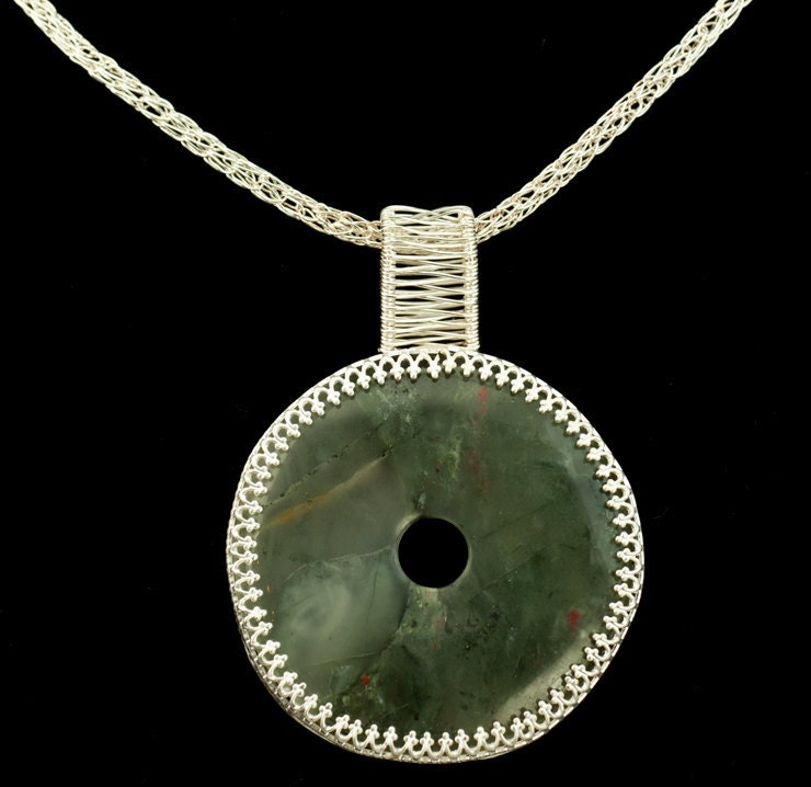 Moss AgatePendant on Woven Silver Necklace