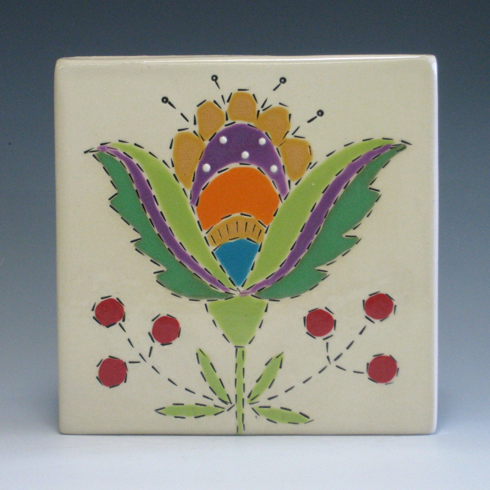 Folk Art Ruffled Flower - Handmade Ceramic Tile - 6 inch