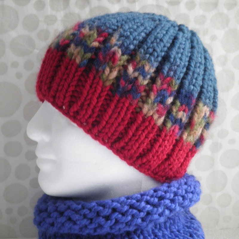 MANS CHUNKYKNIT BEANIE  Basil Handknit Ribbed Striped Woolen Beanie