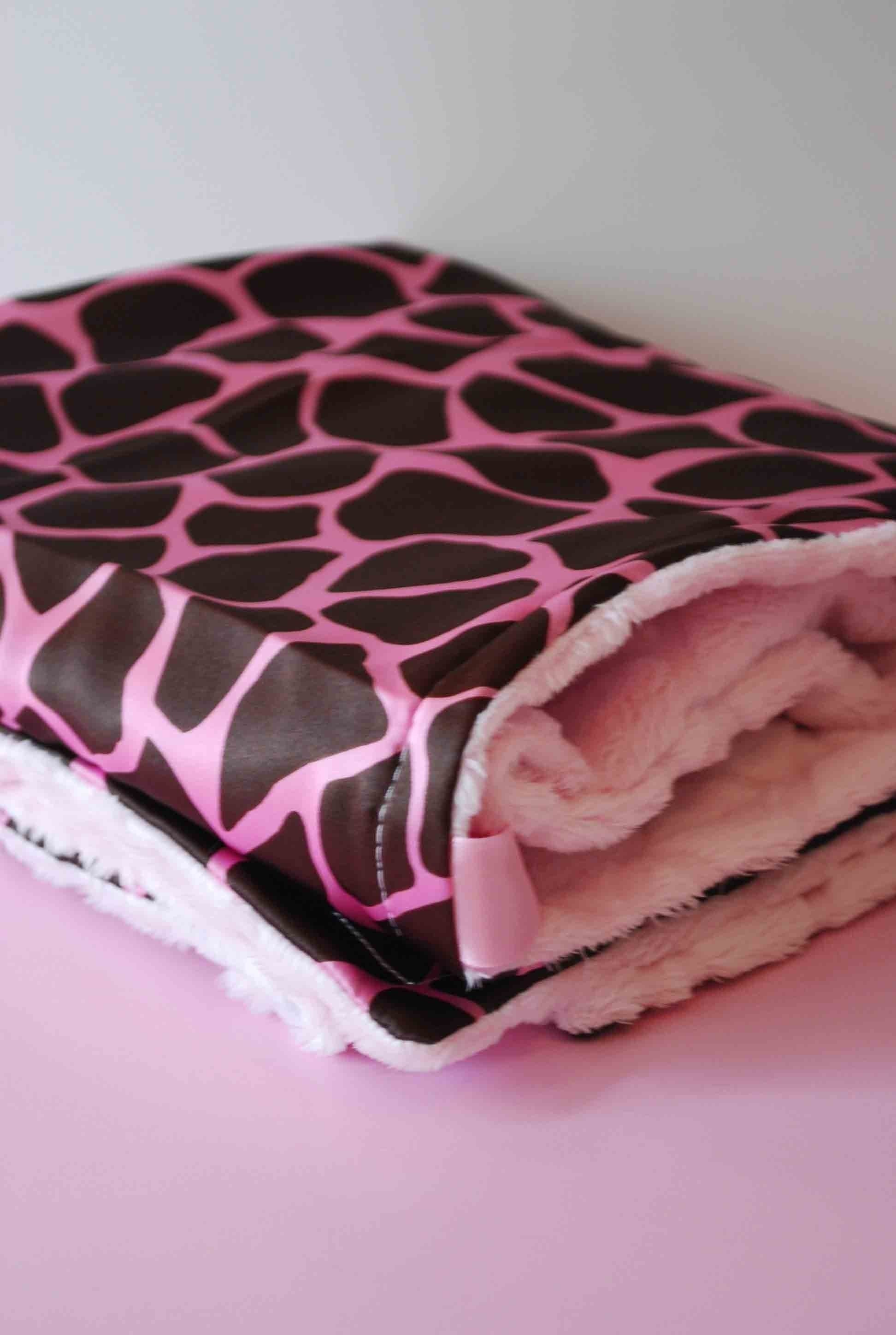 ELIANA BABY BLANKET....... Hot pink giraffe satin print with super soft  pink minky diamond.........beautiful baby gift