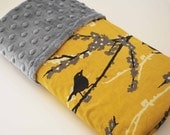 YELLOW AVIARY BABY Blanket......Gorgeous mustard aviary cotton print with gray minky dimples, Lovely neutral baby shower gift