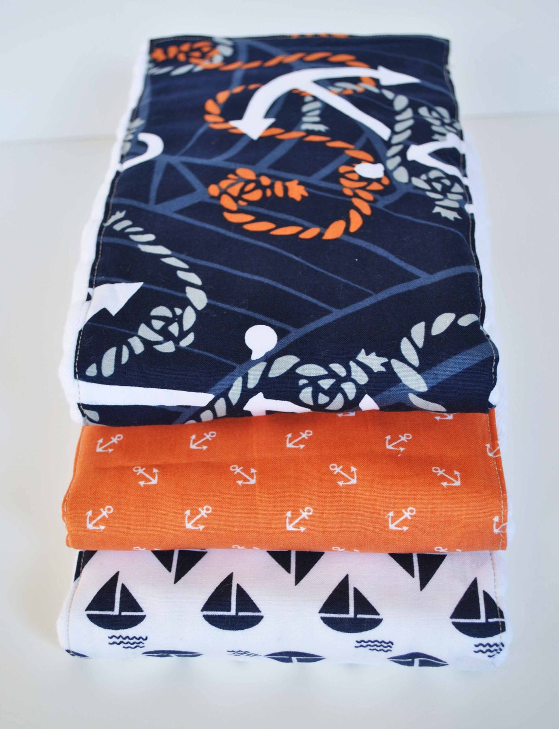 ANCHORS and SAILBOATS........ (3) very ABSORBENT 100% cotton baby burp cloths with coordinating fun cotton print......very useful gift