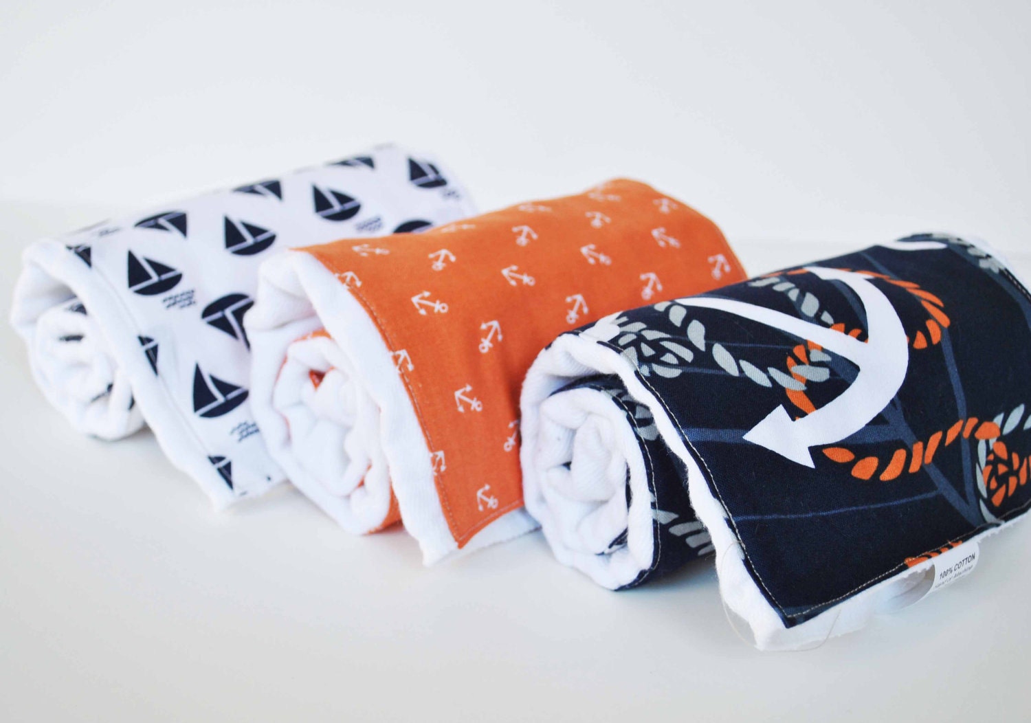 ANCHORS and SAILBOATS........ (3) very ABSORBENT 100% cotton baby burp cloths with coordinating fun cotton print......very useful gift