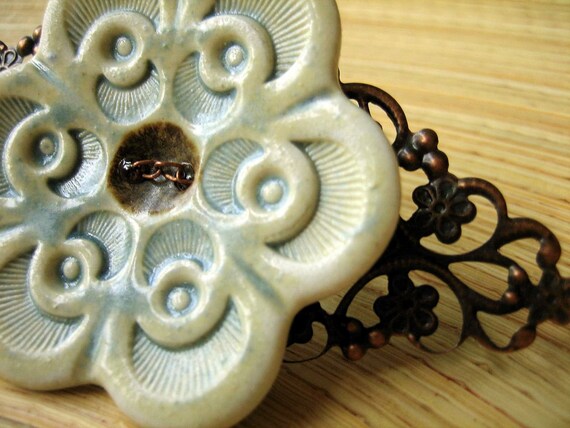 Brooch Porcelain Flower Button and Copper Filigree Green Blue Aqua Spring 2010