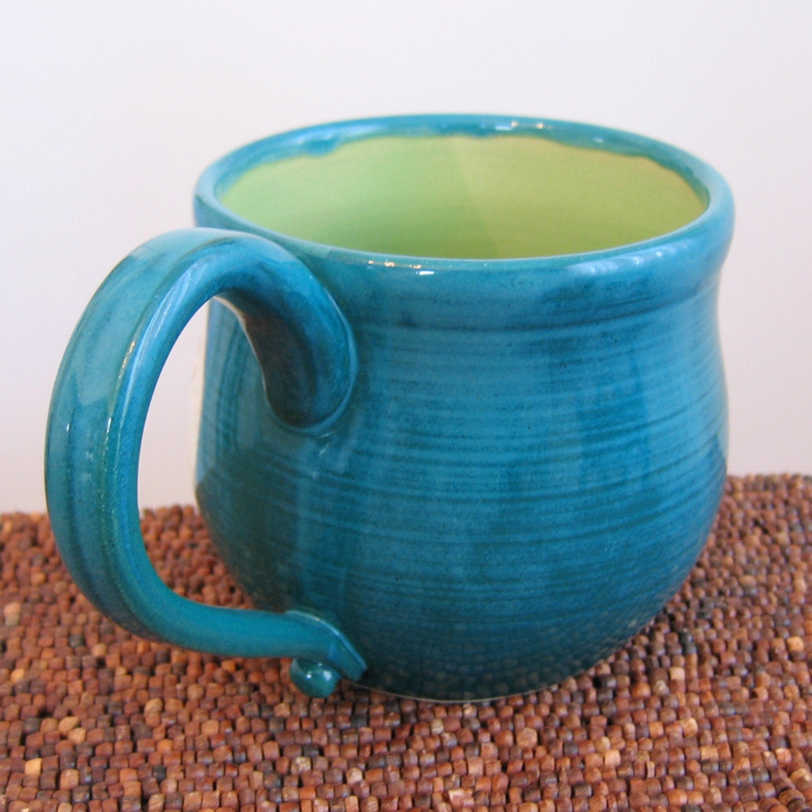 Zombies Ate My Brain Mug in Apple and Peacock 22 oz. Large Stoneware Pottery Coffee Mug
