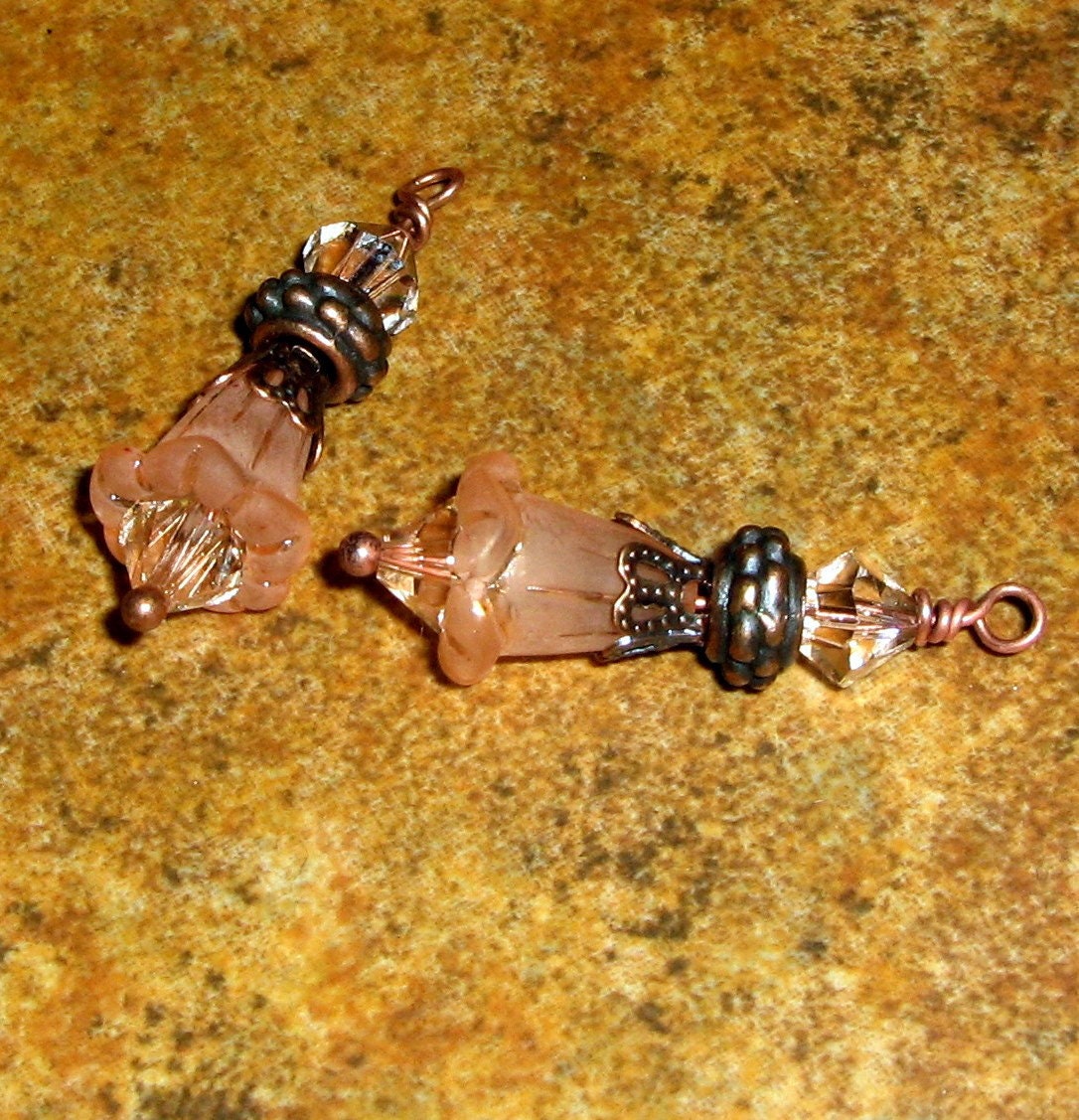 Vintage Style Bead Drop Dangles (c64) - Peach Lucite Flowers, Swarovski Crystals, and Antiqued Copper