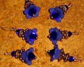 Vintage Style Bead Drop Dangles (c109) - Royal Blue Lucite Star Flowers, Swarovski Crystals and Antiqued Copper
