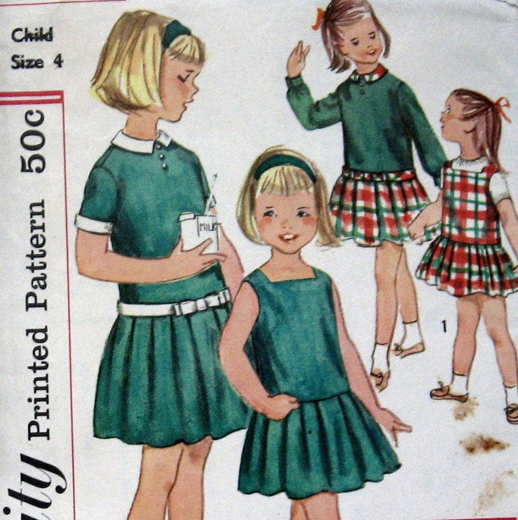 1960s Vintage Girls Dress Pattern With Chemise Style Skirt Includes Jumper And Overblouse Simplicity 2632 Sz 4