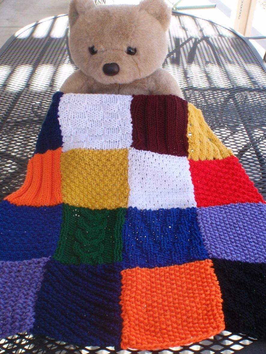 Multi color, hand knitted,  patchwork small blanket for children or pets