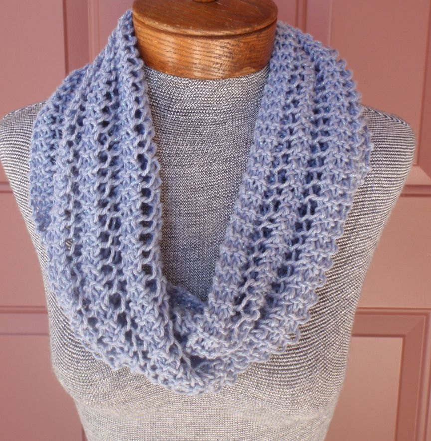 Blue infinity scarf, long,hand knitted, in 100% cotton for year round wear