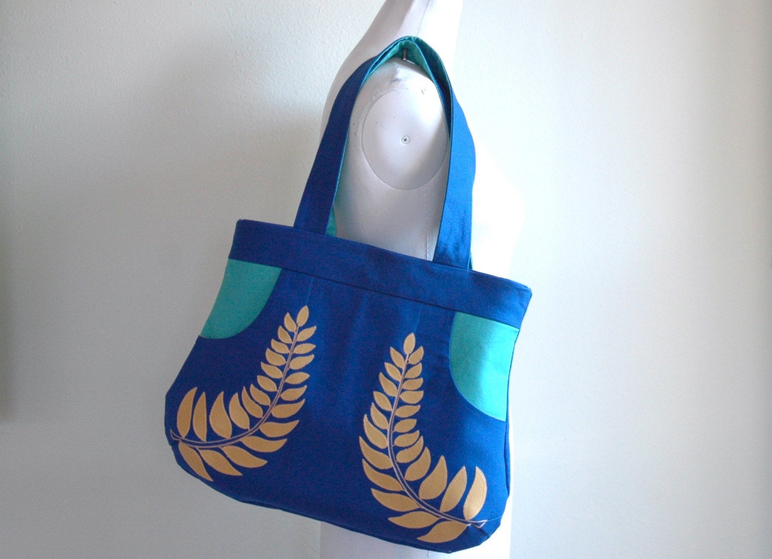 Laureate Handbag in Blue and Teal with Gold Leaves