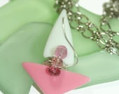 Glass Sailboat Pink and White Sail, Tourmaline Gemstones and Antique Sandwich Glass