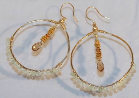 Big Hoop Earrings Hammered Gold and Green Amethyst Gemstones
