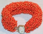 Double Orange Vintage Japanese Glass Bead Cluster Bracelet with Vintage Glass Clasp