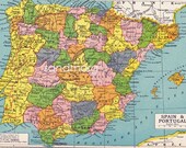 1907 Antique Bartholomews Map of Spain and Portugal Original