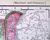1895 Rand McNally Antique Color Map of Maryland and Delaware