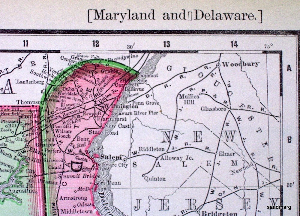 1895 Rand McNally Antique Color Map of Maryland and Delaware