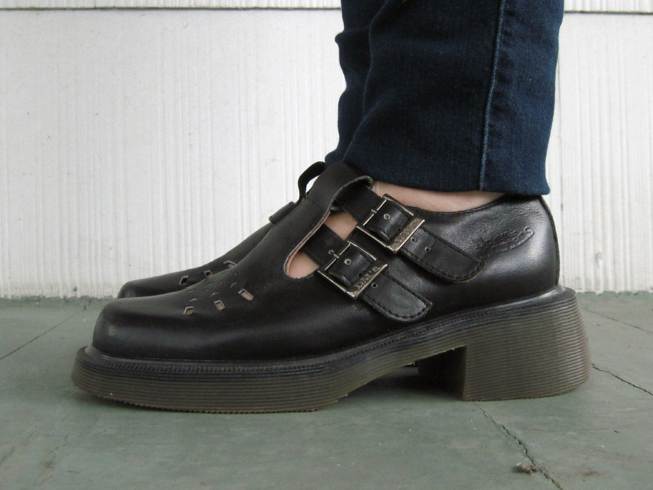 vintage T-Strap Doc Martens, Black Leather Mary Janes, made in England
