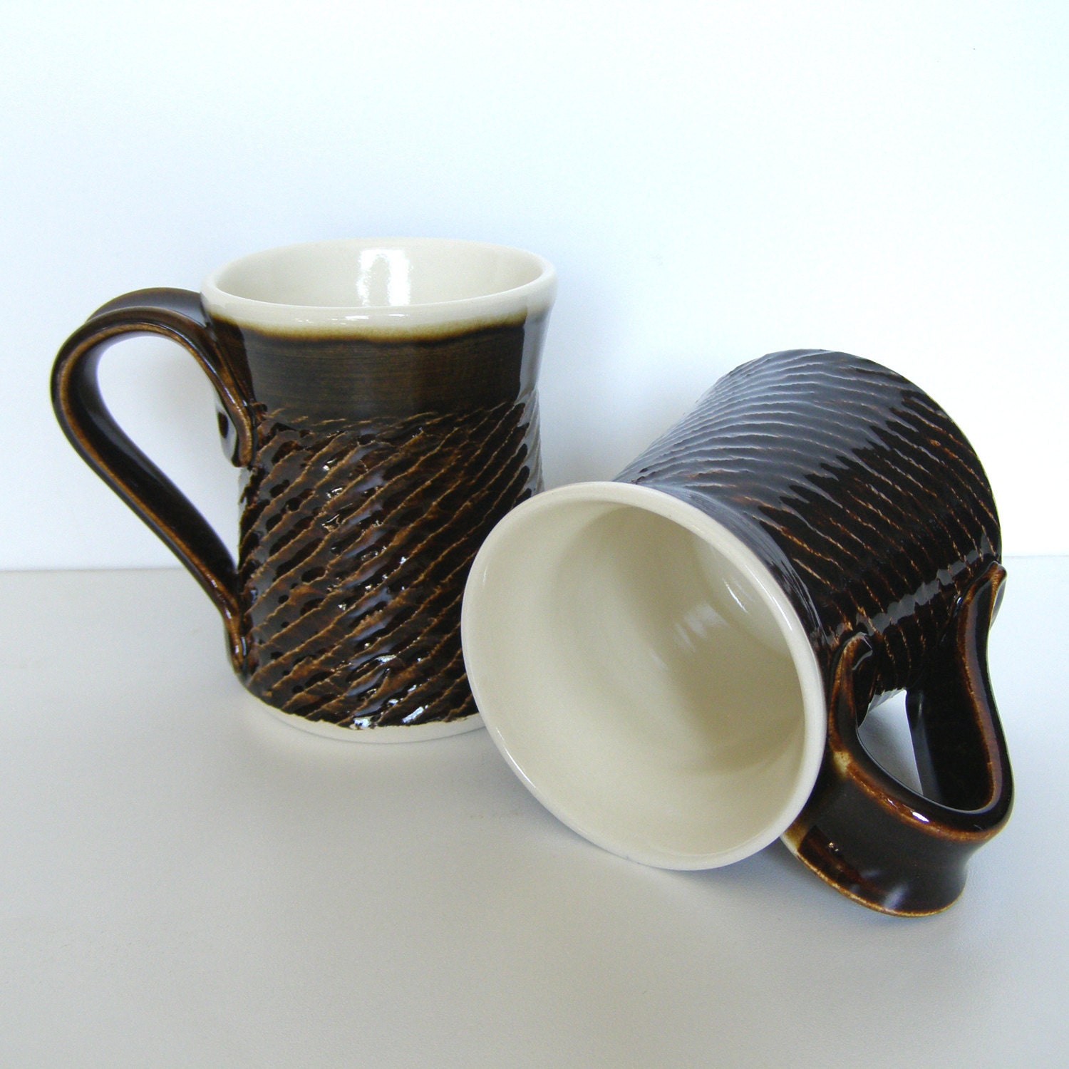 Set of Two Mugs, Brown and White, Glossy and Rope Impressed
