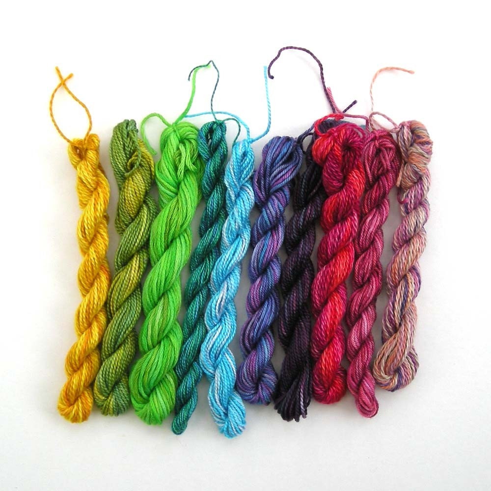 Mystery Bag - 10 assorted mini-skeins of hand dyed cotton embroidery thread