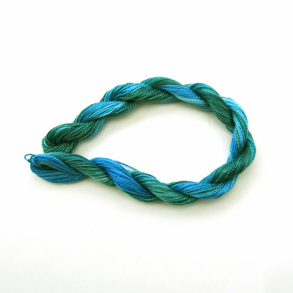 Hand dyed cotton perle 8 embroidery thread, 30m skein - sky blue, teal green, bright blue