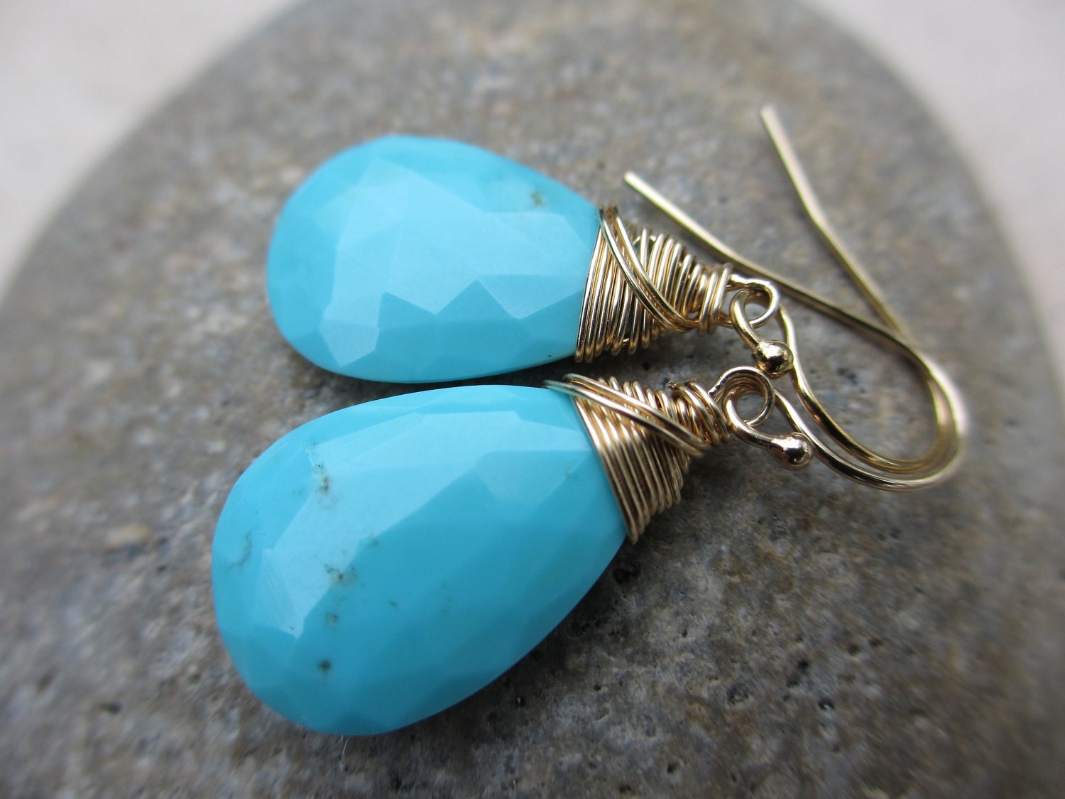 Turquoise Earrings, Sleeping Beauty Turquoise, Gold, Wire Wrapped, Blue Earrings, Summer, Irisjewelrydesign, Fashion