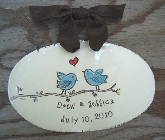 Lovebirds - personalized hanging plaque - wedding - anniversary- Made to order