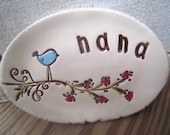 In stock - nana dish - bluebird on red blossom branch