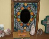 Mosaic Recycled Mirror with Roses Pansies and Little Green Faces