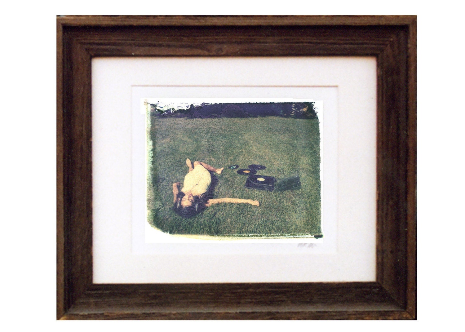 8x10 polaroid transfer of "girl with records in field" -framed in 11x14 weathered barnwood