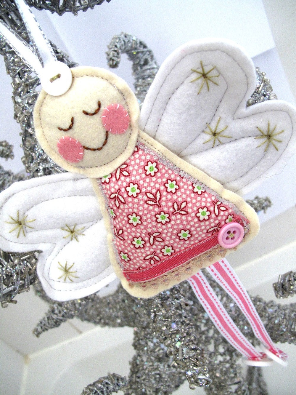 Angel for Christmas or Christening in Pink Ditsy Flower Fabric x Large Angel Decoration
