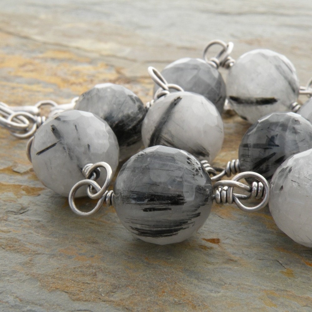 Gray Necklace, Tourmilated Quartz, Gray Stones, Gray and Black Gemstones, Wire-Wrapped, Sterling Silver, Oxidized