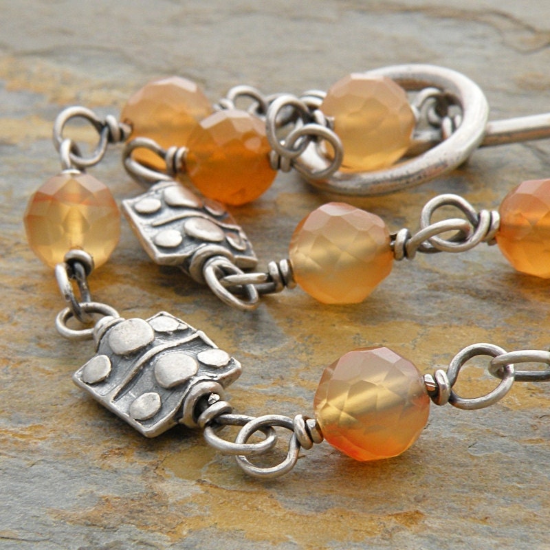 Orange Carnelian Bracelet, Gemstones, Sterling Silver, Wire Wrapped