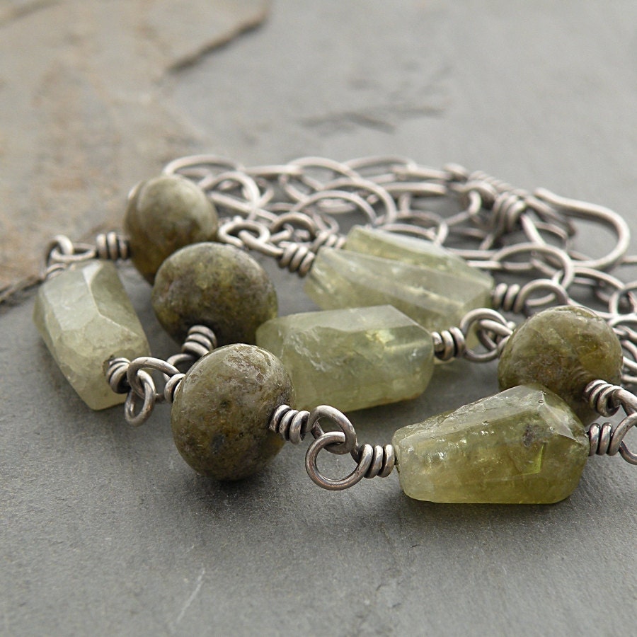 Green Garnet Necklace, Sterling Silver, Gemstones