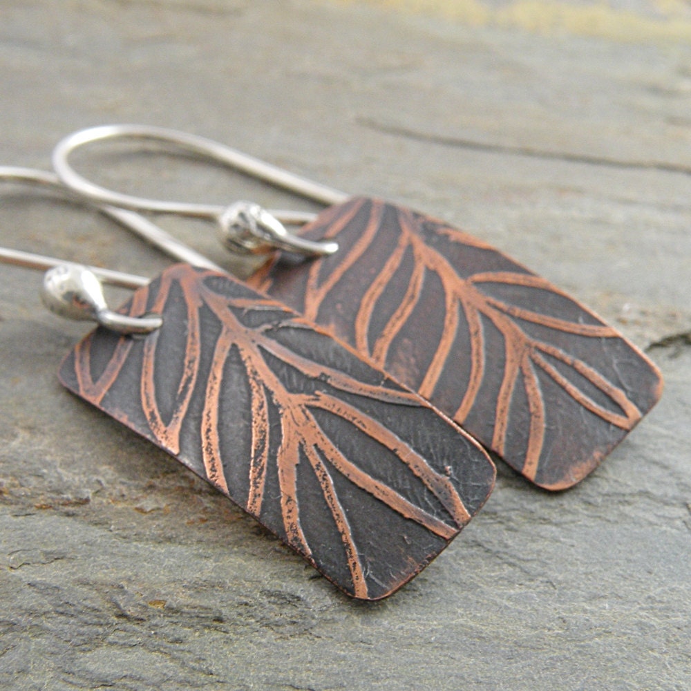 Etched Copper Earrings, Leaves, Rectangles,  Sterling Silver