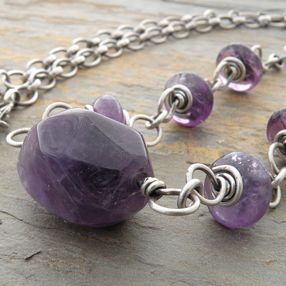 Amethyst Necklace, Purple, Wire Wrapped, Sterling Silver, February Birthstone