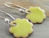 Yellow Green Earrings, Enameled Copper, Flat Flowers, Lime Green, Torch Fired, Sterling Silver