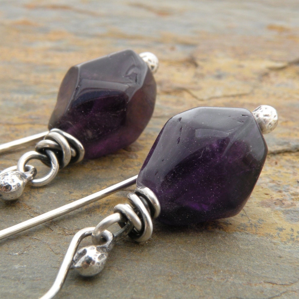 Purple Earrings, Amethyst, February Birthstone, Nuggets, Wire Wrapped, Twistie, Sterling Silver, Oxidized