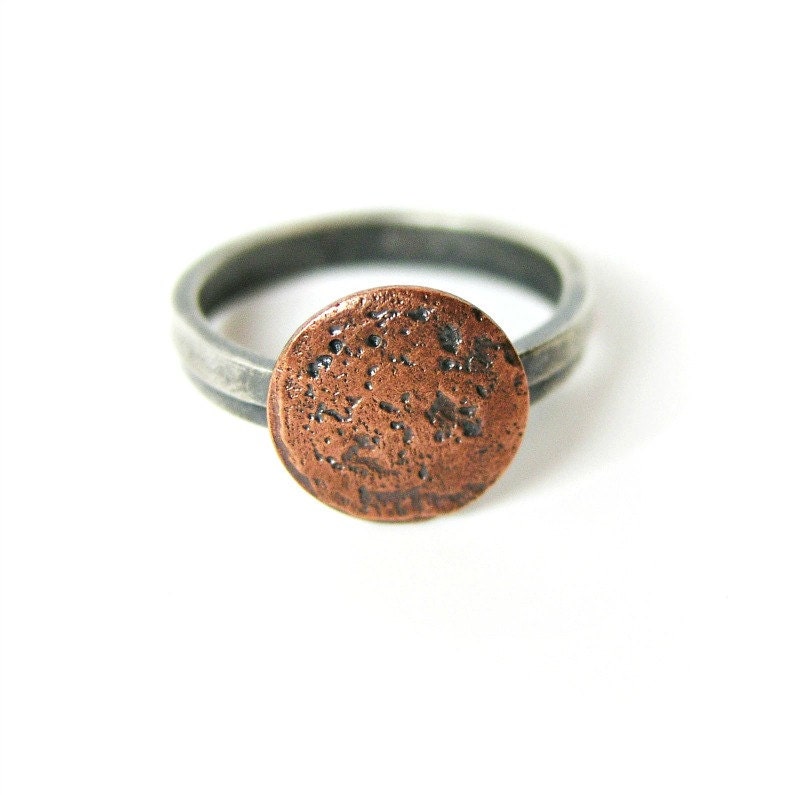 Etched Copper Disk Ring with Sterling Silver Band - Reese Ring