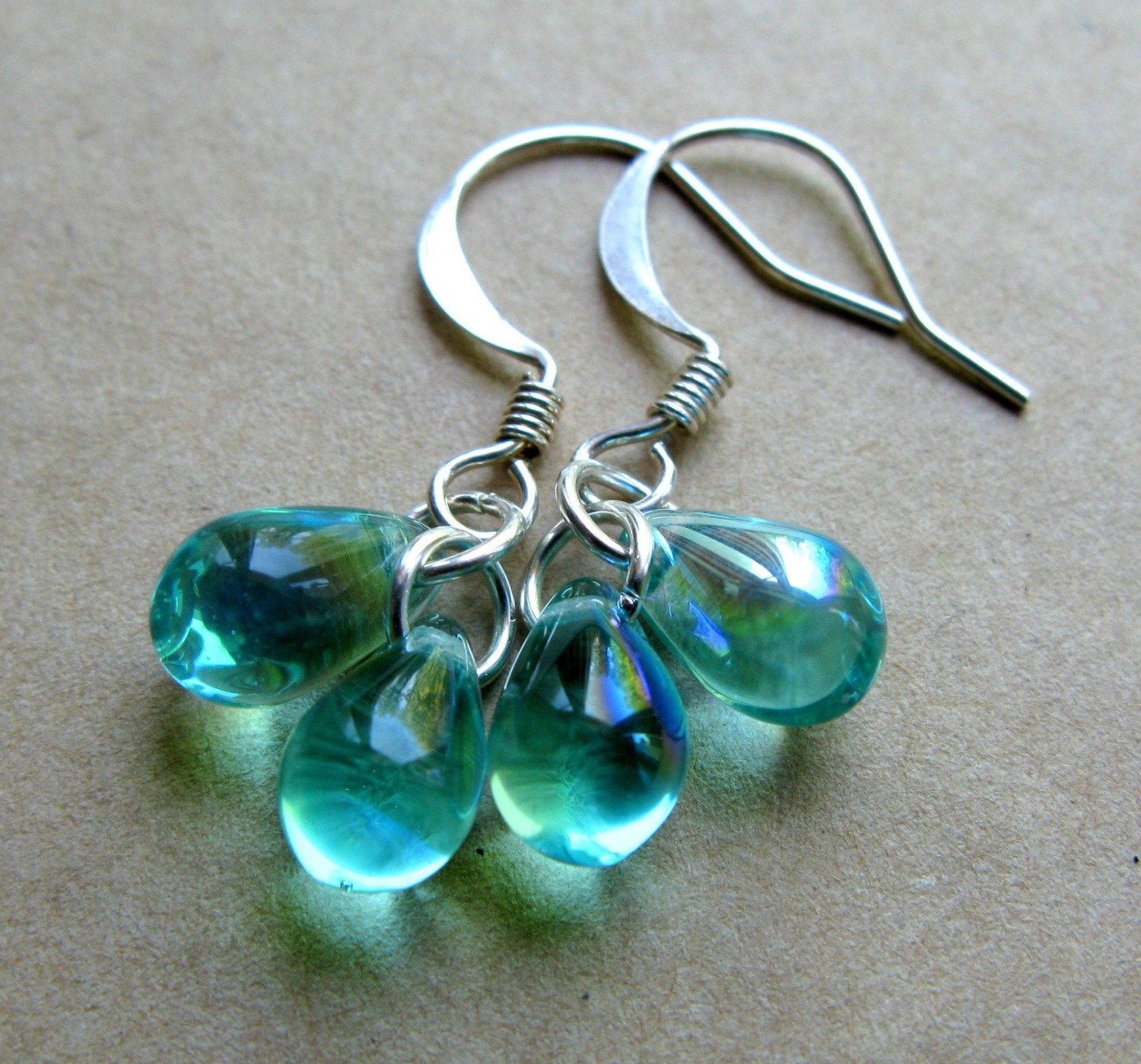 Caribbean Rains fire polish tear drops aqua teal blue green turquoise smooth briolettes pears silver or gold plated you choose ocean nautical beach summer bridal party bridesmaids